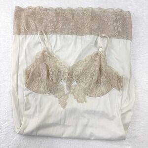Vintage 70s 80s Hollywood Vassarette Full Slip Nightgown 32A Cream Tan Lace